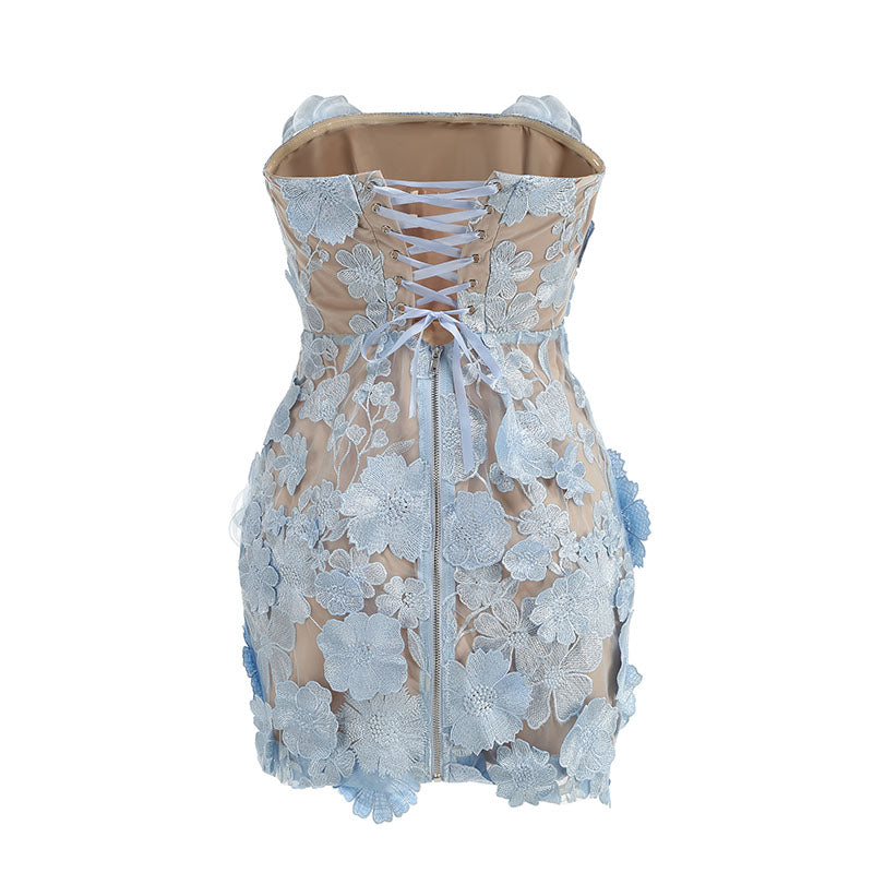 Jessica Floral Embroidery Mini Dress in Blue Avalabel