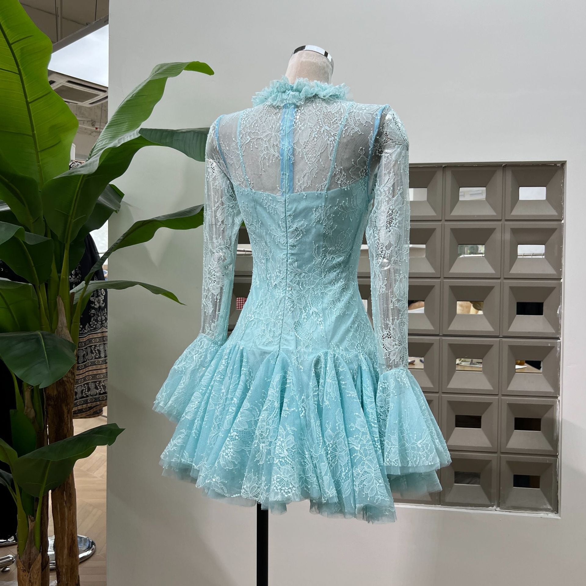 blue  Embroidered Flared Mini Dress Avalabel