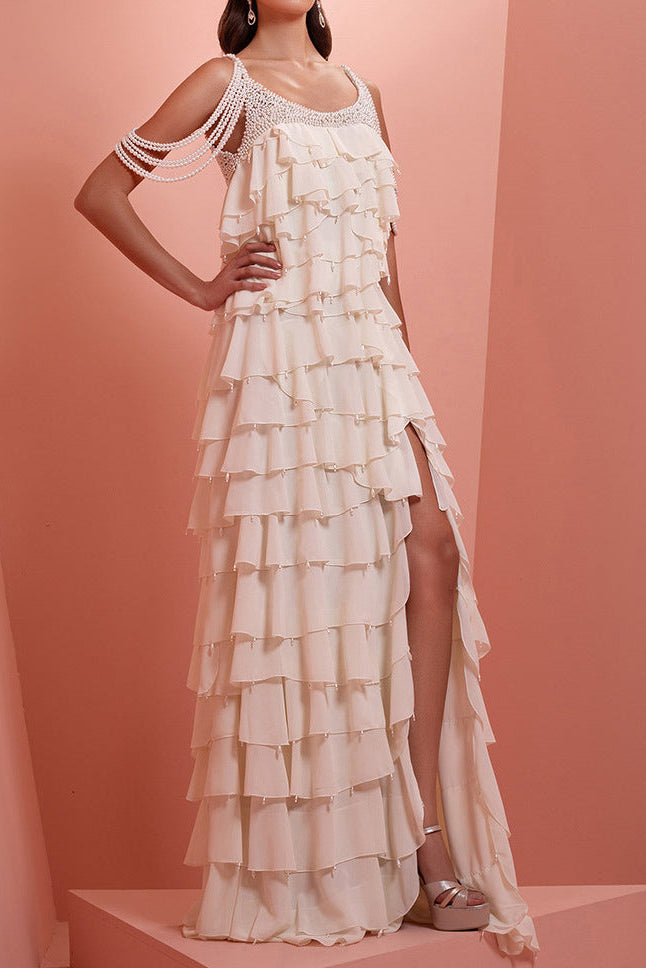 White Nail Bead Layered Lotus Leaf Slit Maxi Dress Avalabel