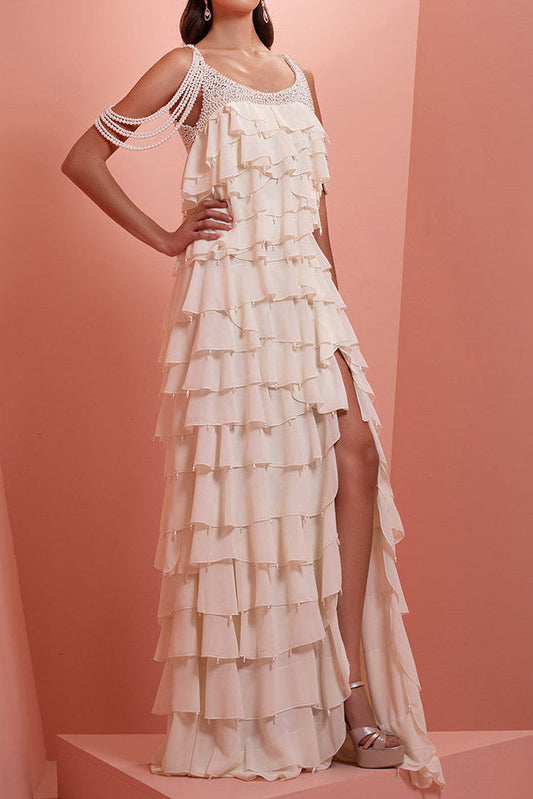 White Nail Bead Layered Lotus Leaf Slit Maxi Dress