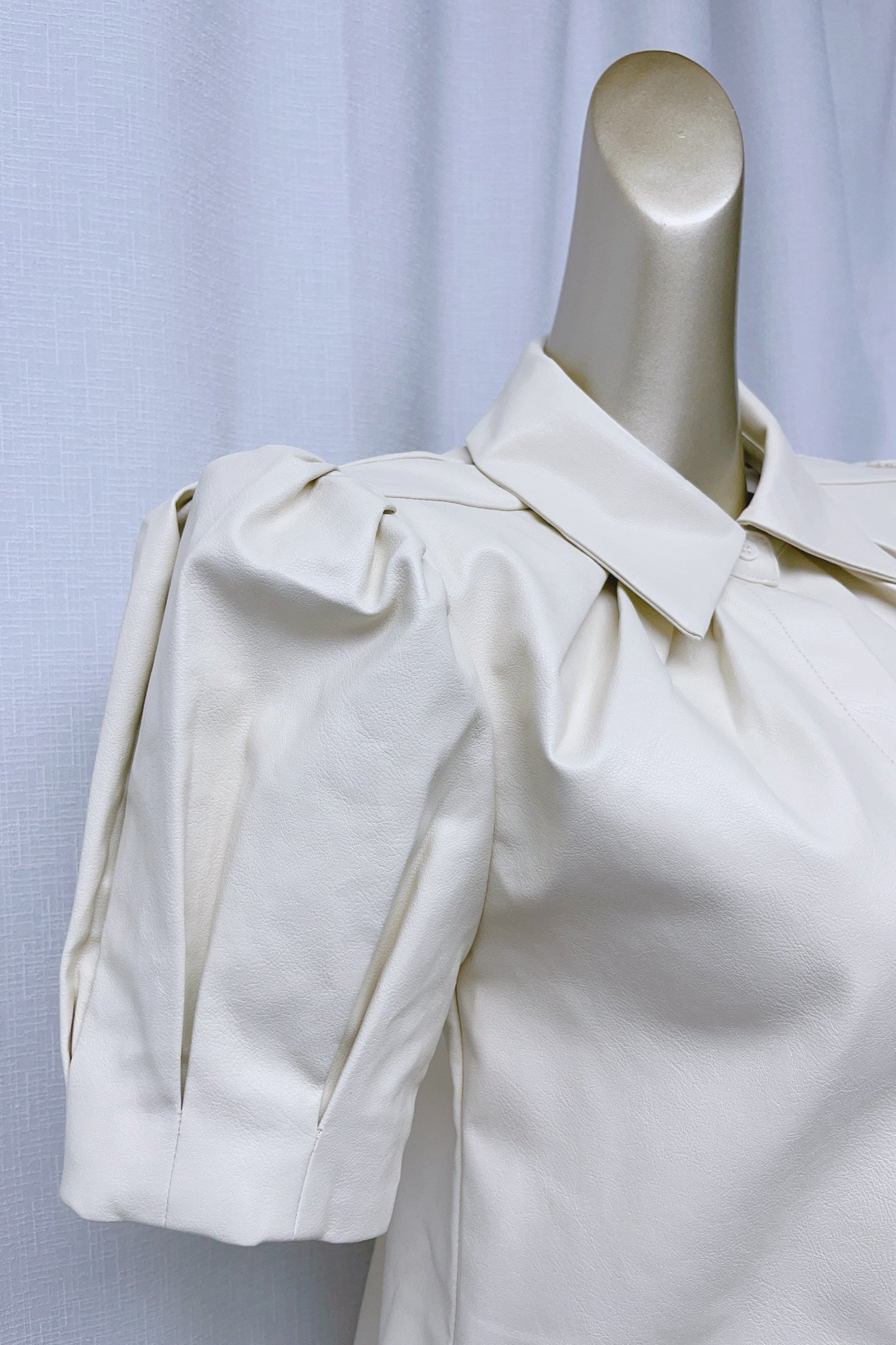 White Lapel Collar Leather Puff Sleeves Mini Dress
