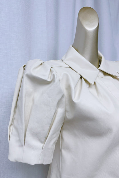 White Lapel Collar Leather Puff Sleeves Mini Dress