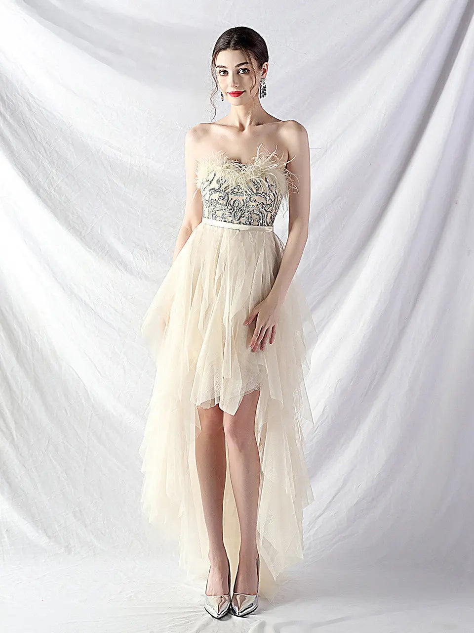 Strapless feather tulle midi dress Avalabel