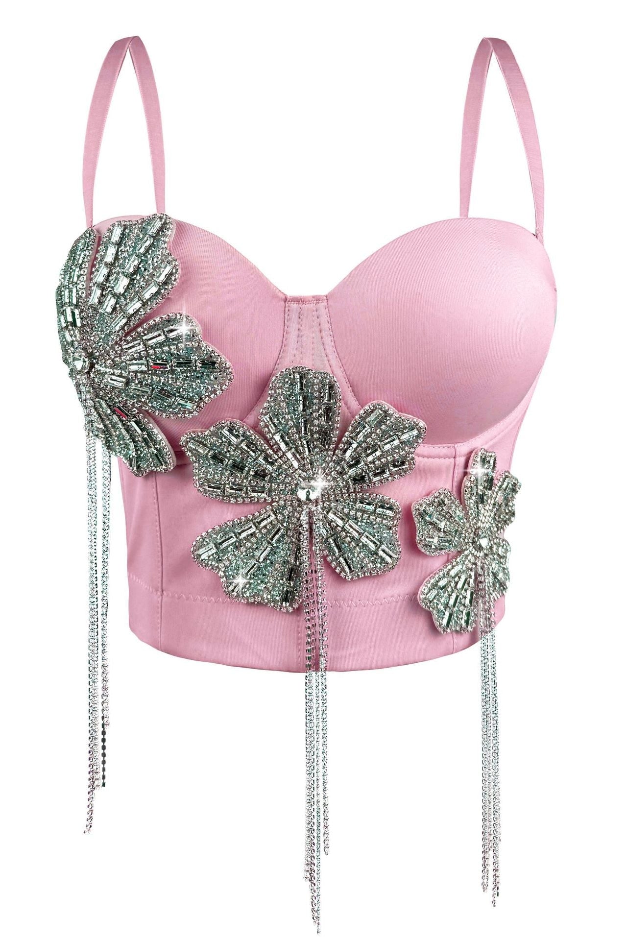 Spaghetti Strap 3D Rhinestone Flower Tassel Fringe Corset Bustier Top sis label