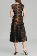 Phoenix 3D Embroidered Lace Mesh Midi Dress in Black Avalabel