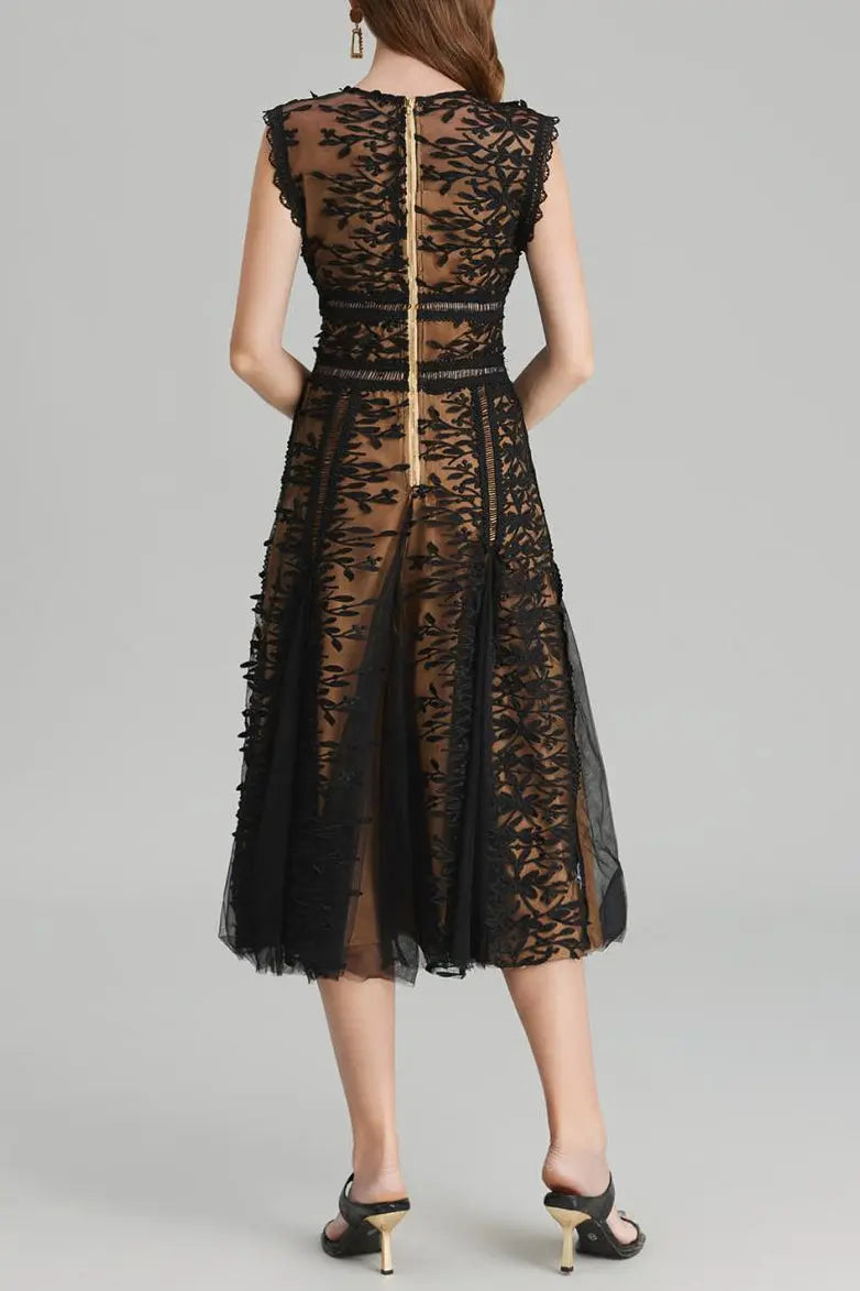 Phoenix 3D Embroidered Lace Mesh Midi Dress in Black Avalabel
