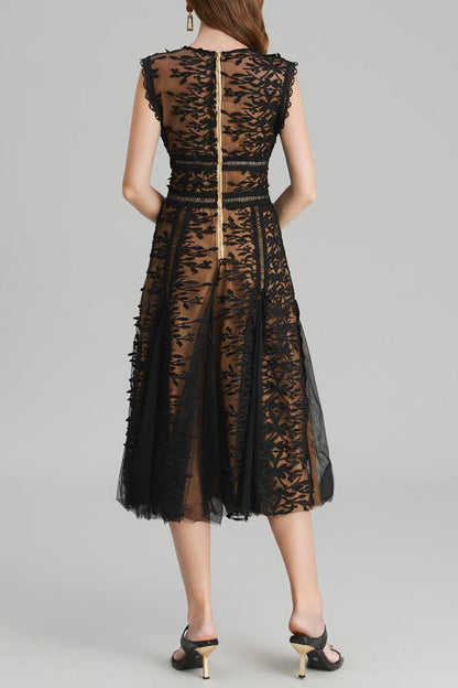Phoenix 3D Embroidered Lace Mesh Midi Dress in Black