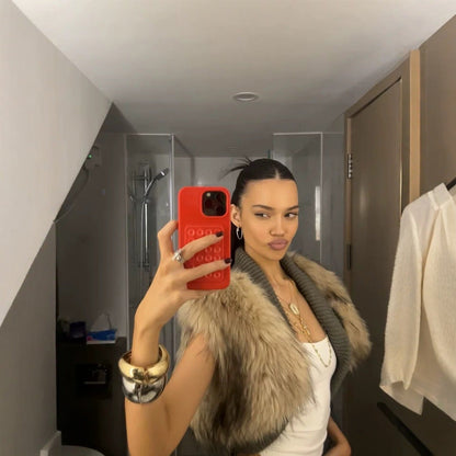 Sleeveless shoulder fur patchwork cropped jacket