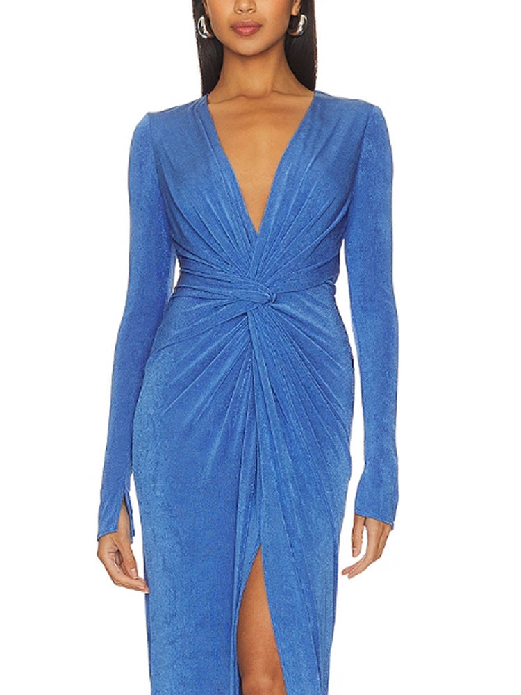 virginia blue pleated long sleeve high slit maxi dress Avalabel