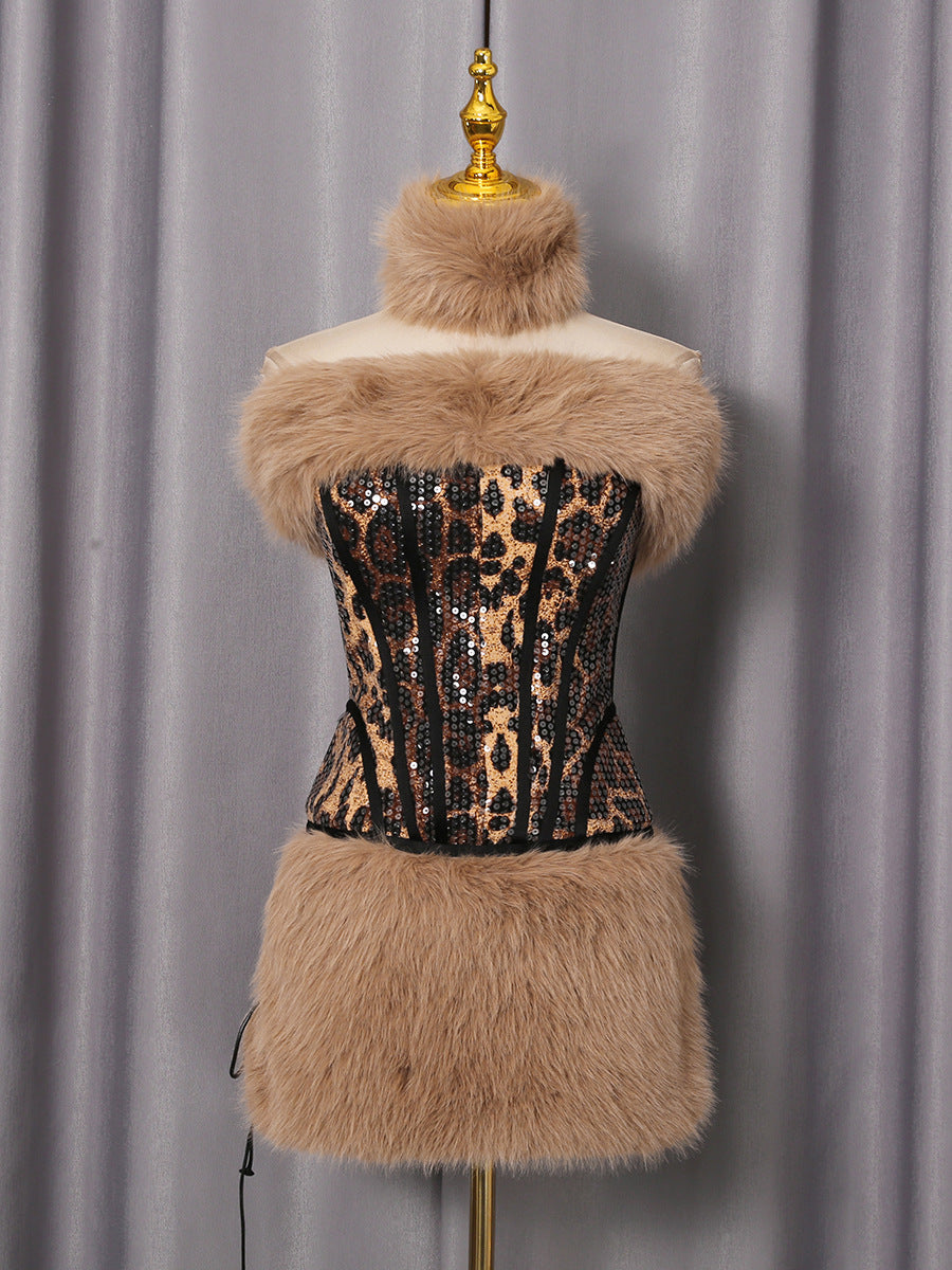 suzanne Leopard Fur Sequin Skirt Set Avalabel