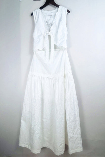 Scallop Trim V-Neck Crinkled Maxi Dress in Ecru