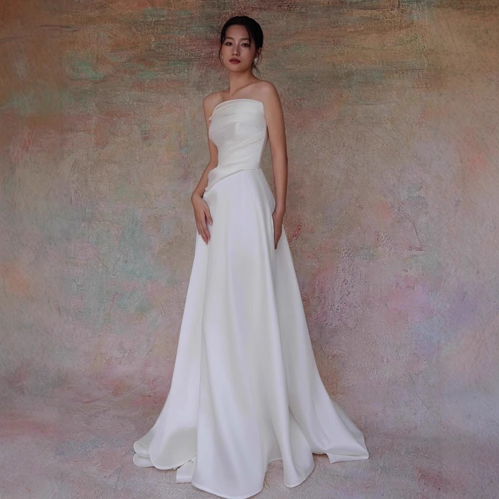 Lydia White French Satin Strapless Maxi Train Welcome Gown Avalabel