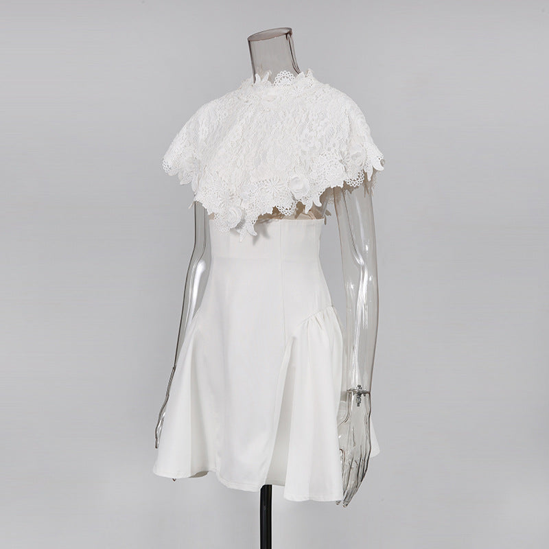 vanessa White mini dress with embroidered lace cape Avalabel