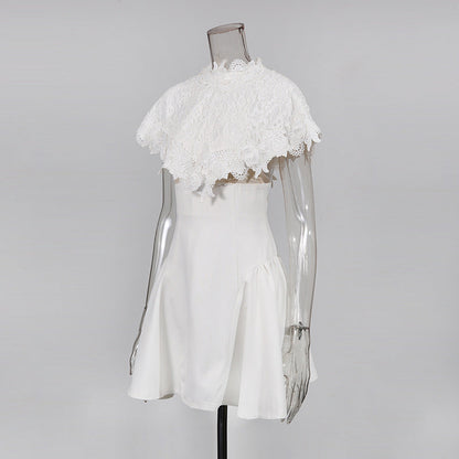 vanessa White mini dress with embroidered lace cape