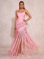 Rita 3D Flower Diamond-Decorative Tassel Bandage Maxi Dress in Pink Avalabel