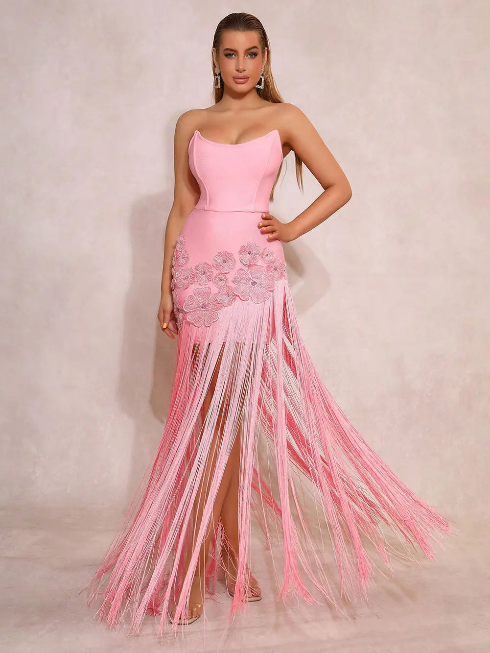 Rita 3D Flower Diamond-Decorative Tassel Bandage Maxi Dress in Pink Avalabel