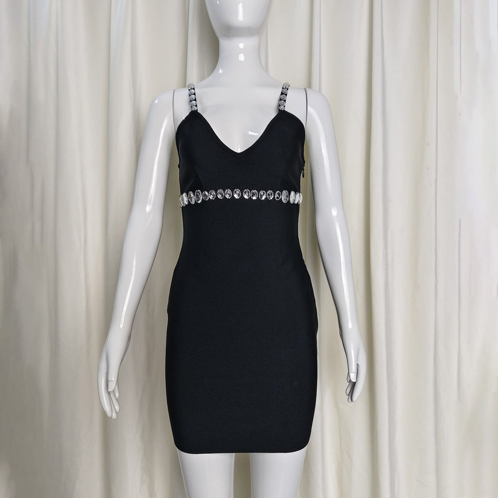 karen V-neck rhinestone embellished stretch Bodycon mini dress in black Avalabel
