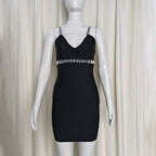 karen V-neck rhinestone embellished stretch Bodycon mini dress in black Avalabel