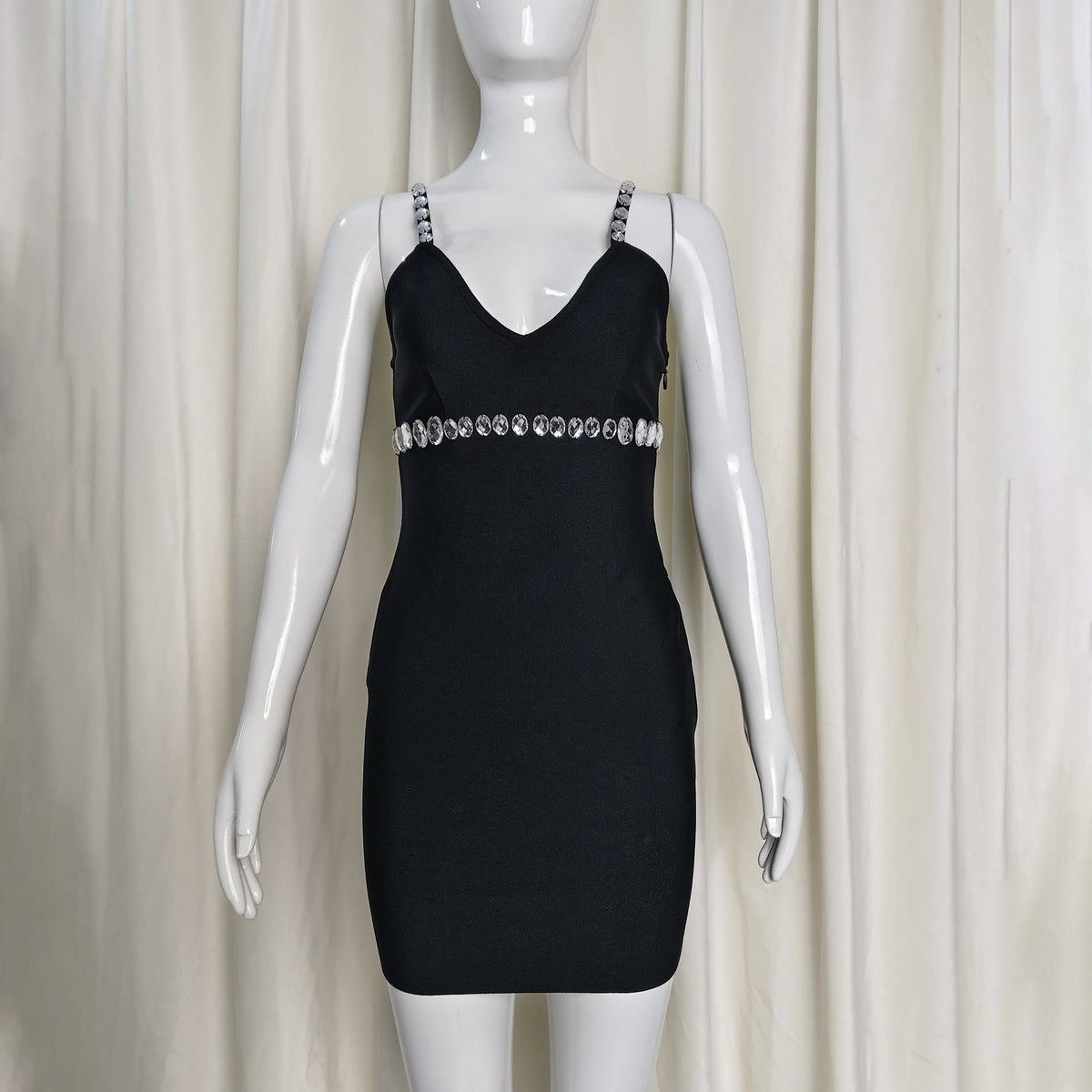 karen V-neck rhinestone embellished stretch Bodycon mini dress in black Avalabel