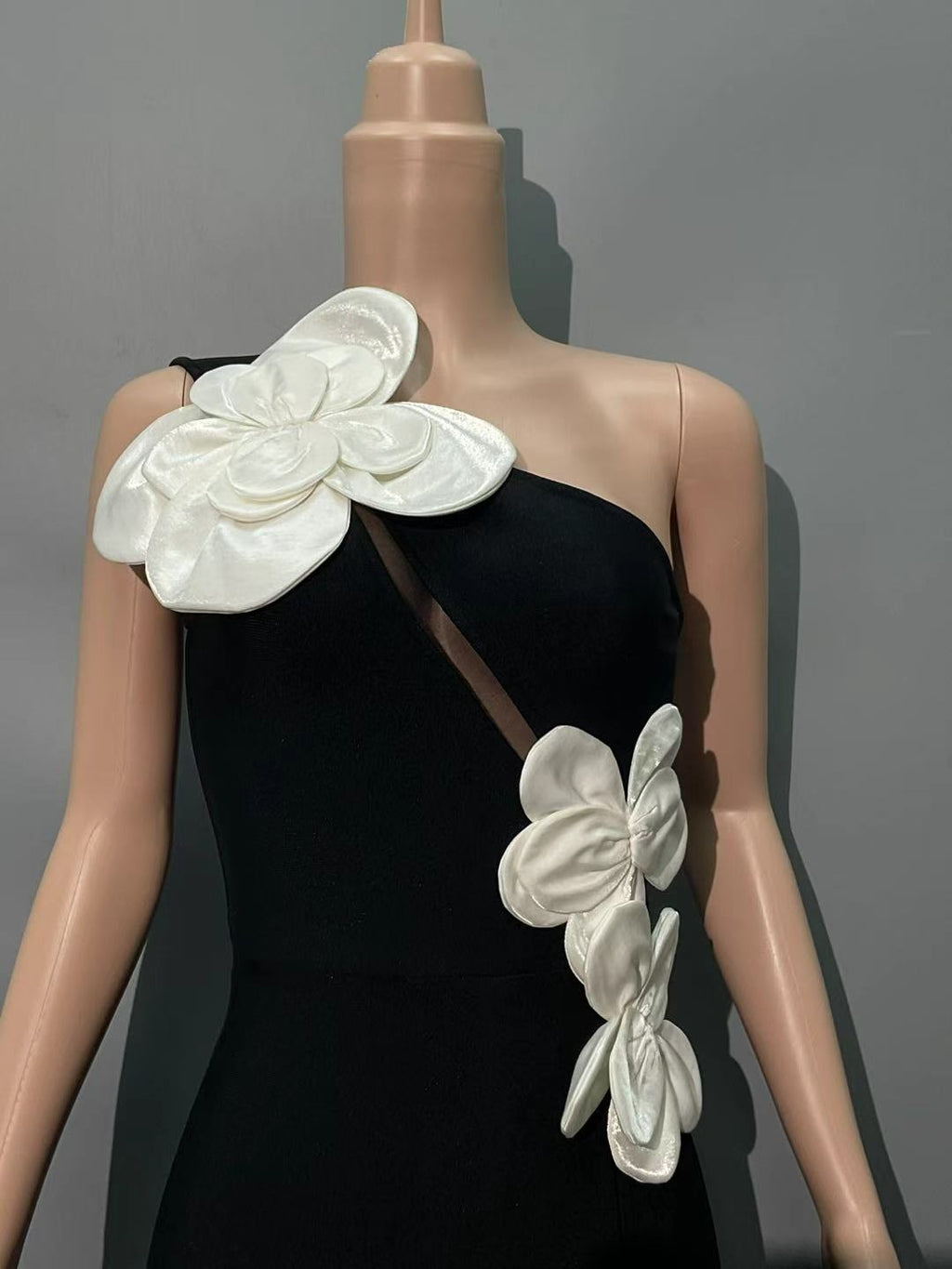 Black Heloise Flowers Slit One Shoulder Bandage Maxi Dress Avalabel