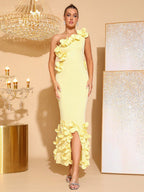 alma 3d flower one-shoulder bodycon maxi dress in yellow Avalabel