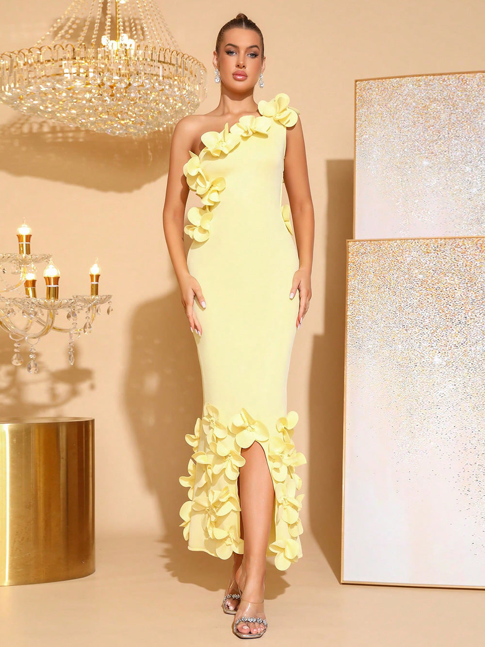 alma 3d flower one-shoulder bodycon maxi dress in yellow Avalabel