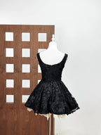 vera sequin embellishment lace puffy mini dress in black Avalabel