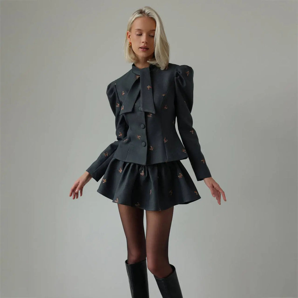 adora dark grey Butterfly Embroidered blazer mini skirt Set Avalabel