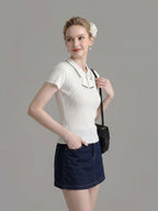 Striped Collar Bow Tie Ribbed Knit Short Sleeve Top poava