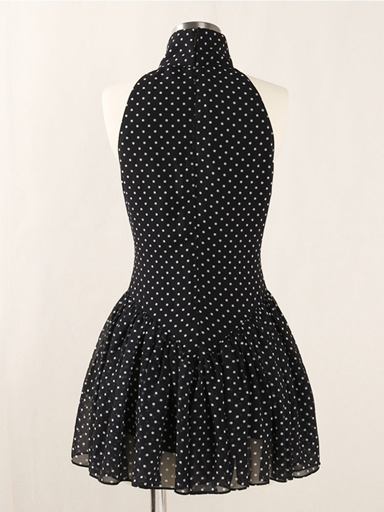 Polka Silk Chiffon Sleeveless Halter Mini Dress in Black Avalabel