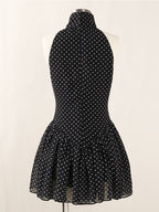 Polka Silk Chiffon Sleeveless Halter Mini Dress in Black Avalabel