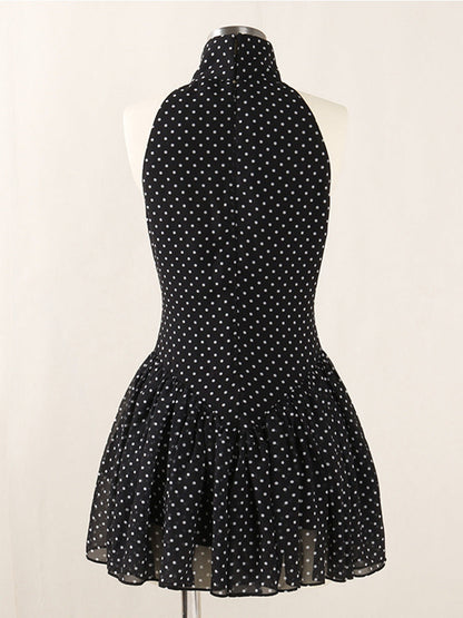 Polka Silk Chiffon Sleeveless Halter Mini Dress in Black