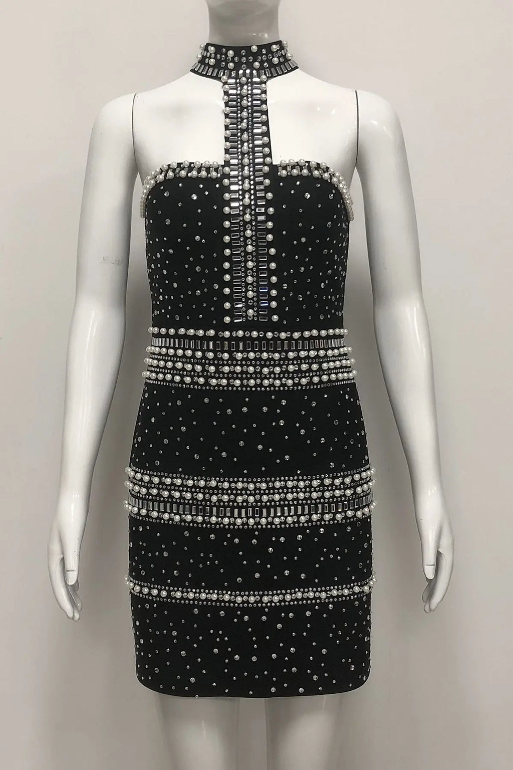 nelly pearl rhinestone halter mini dress in black Avalabel