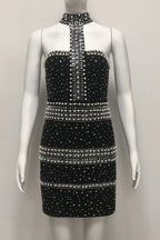 nelly pearl rhinestone halter mini dress in black Avalabel