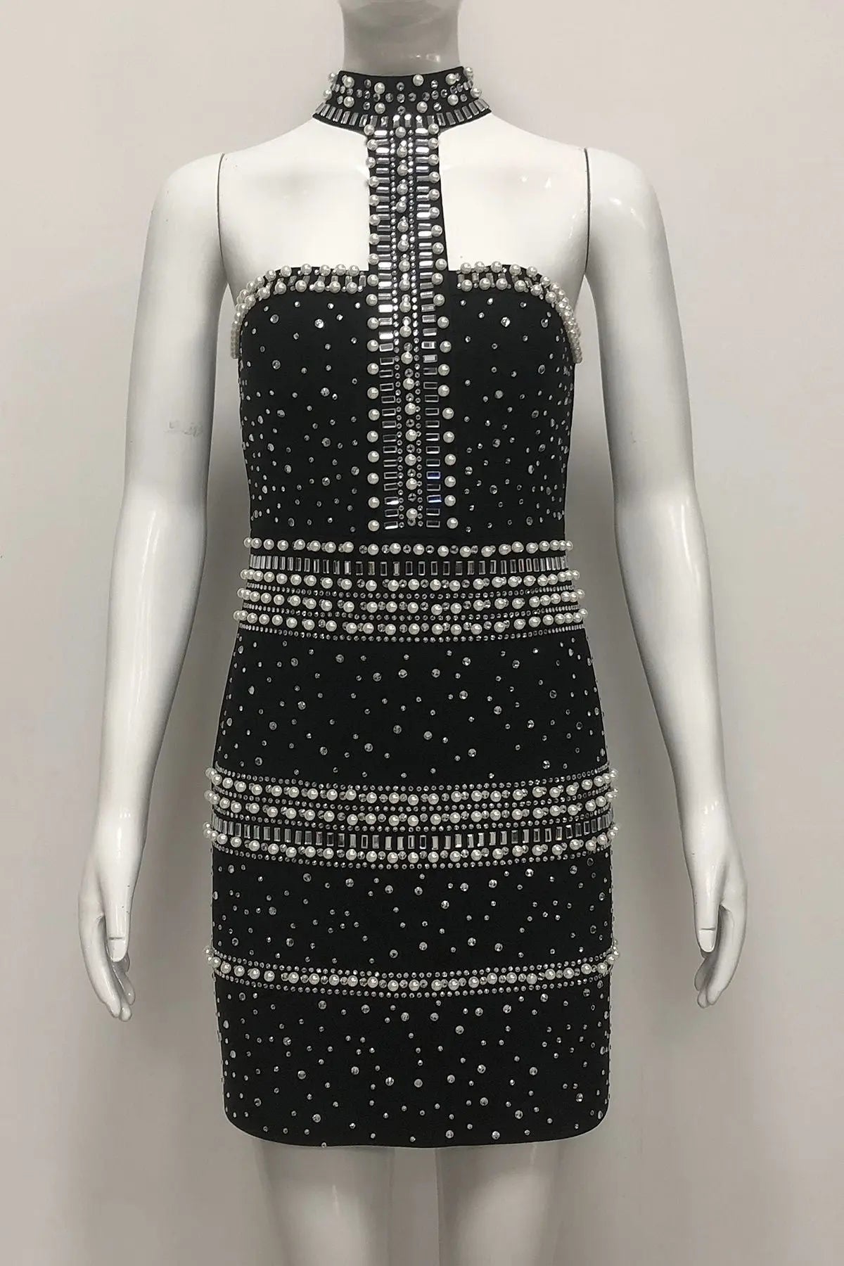 nelly pearl rhinestone halter mini dress in black Avalabel