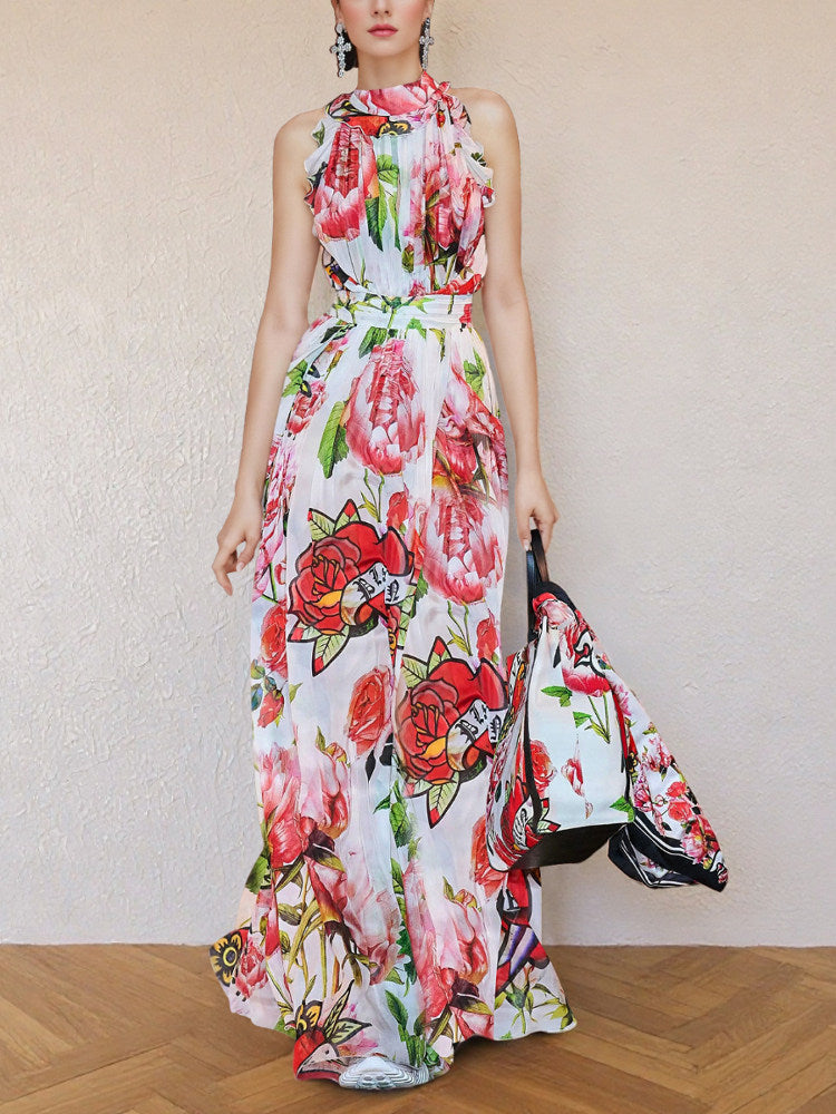 Floral Printed Sleeveless Flowing Large Swing Dress Avalabel
