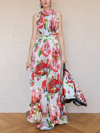 Floral Printed Sleeveless Flowing Large Swing Dress