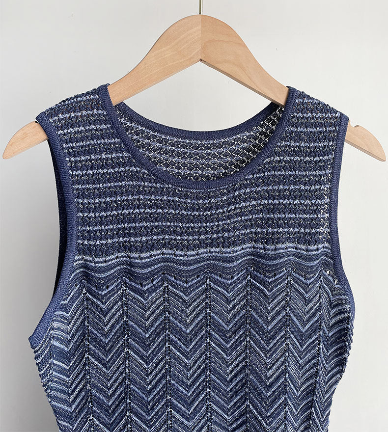 Hollow Striped Sleeveless Knit Midi Dress in Royal Blue Avalabel