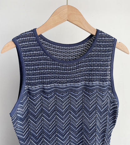 Hollow Striped Sleeveless Knit Midi Dress in Royal Blue