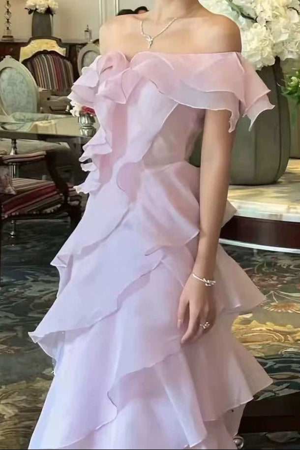 Off Shoulder Ruffled Layer Chiffon Maxi Evening Dress Avalabel