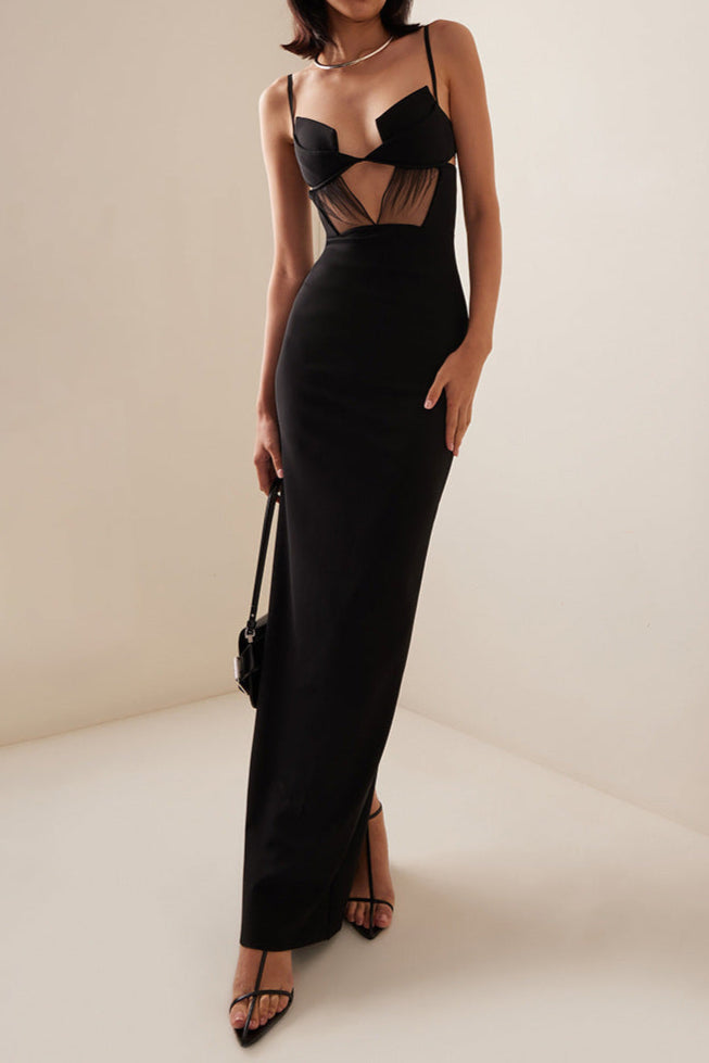 Back Slit Knitted Bandage Maxi Dress in Black Avalabel
