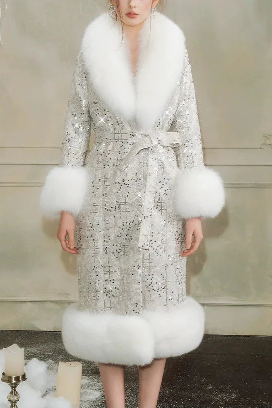Sliver Tie Long Sleeve Long Fur Autumn Coat