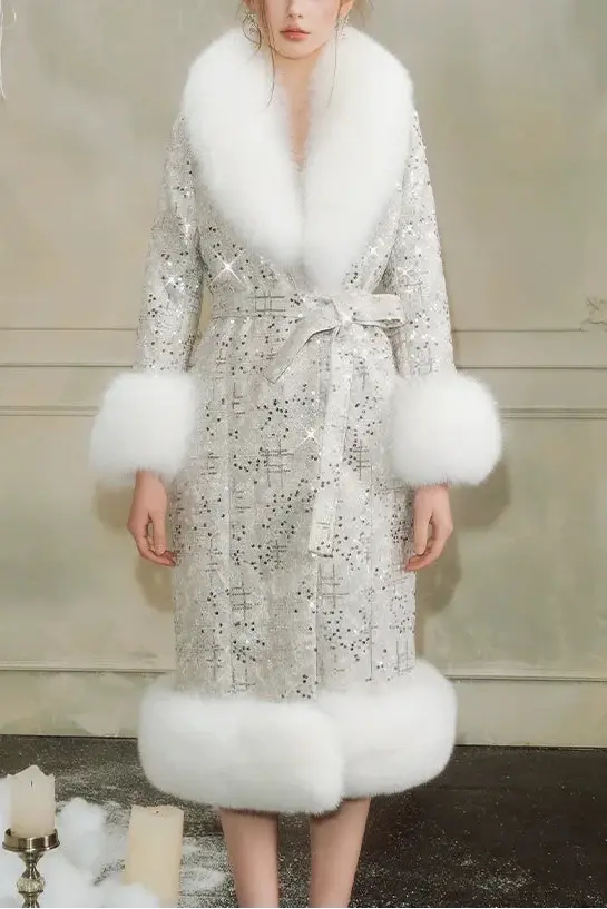 Sliver Tie Long Sleeve Long Fur Autumn Coat Avalabel
