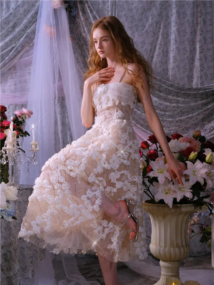 Leah White/Beige Sleeveless  Flower Dress Avalabel
