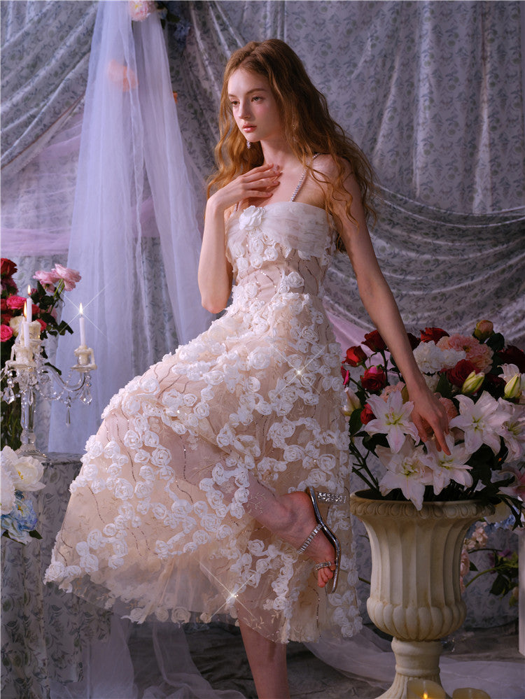 Leah White/Beige Sleeveless  Flower Dress