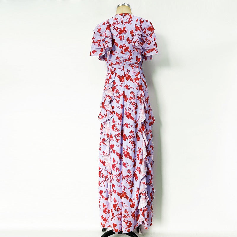 Jamie Multicolor Floral printed Chiffon Ruffle Maxi Dress Avalabel