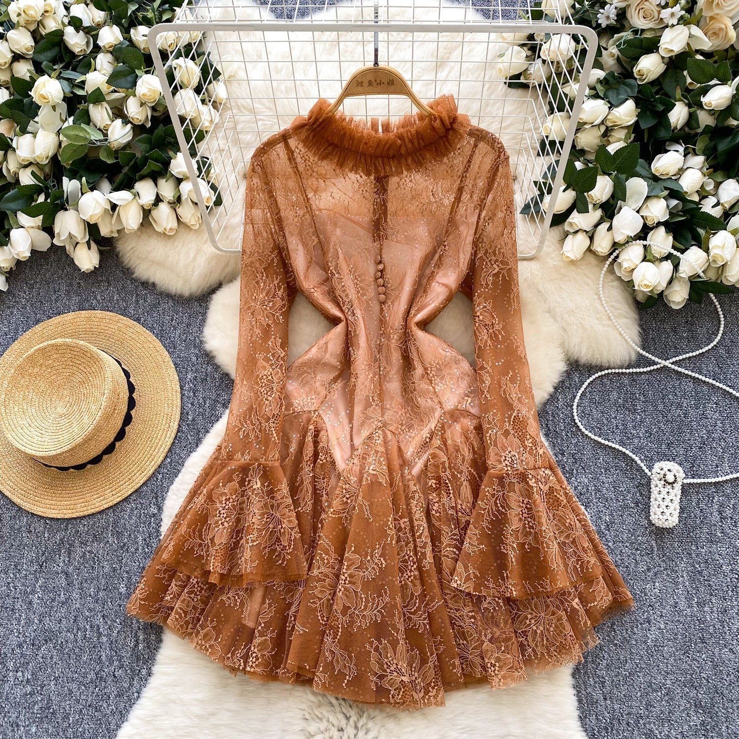 Green Embroidered Flared Mini Dress Avalabel