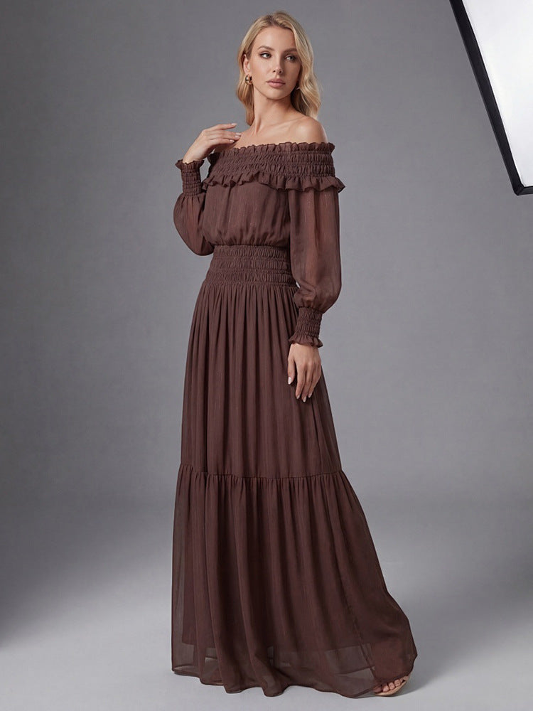 Tiffany Brown Off-Shoulder Long Sleeve Maxi Dress with Ruched Trim Avalabel