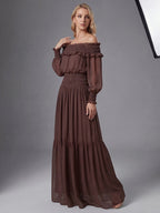 Tiffany Brown Off-Shoulder Long Sleeve Maxi Dress with Ruched Trim Avalabel