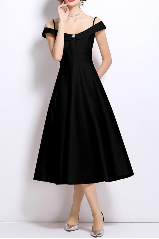 Meroy Off-Shoulder Satin Pleated Midi Dress in Black Avalabel